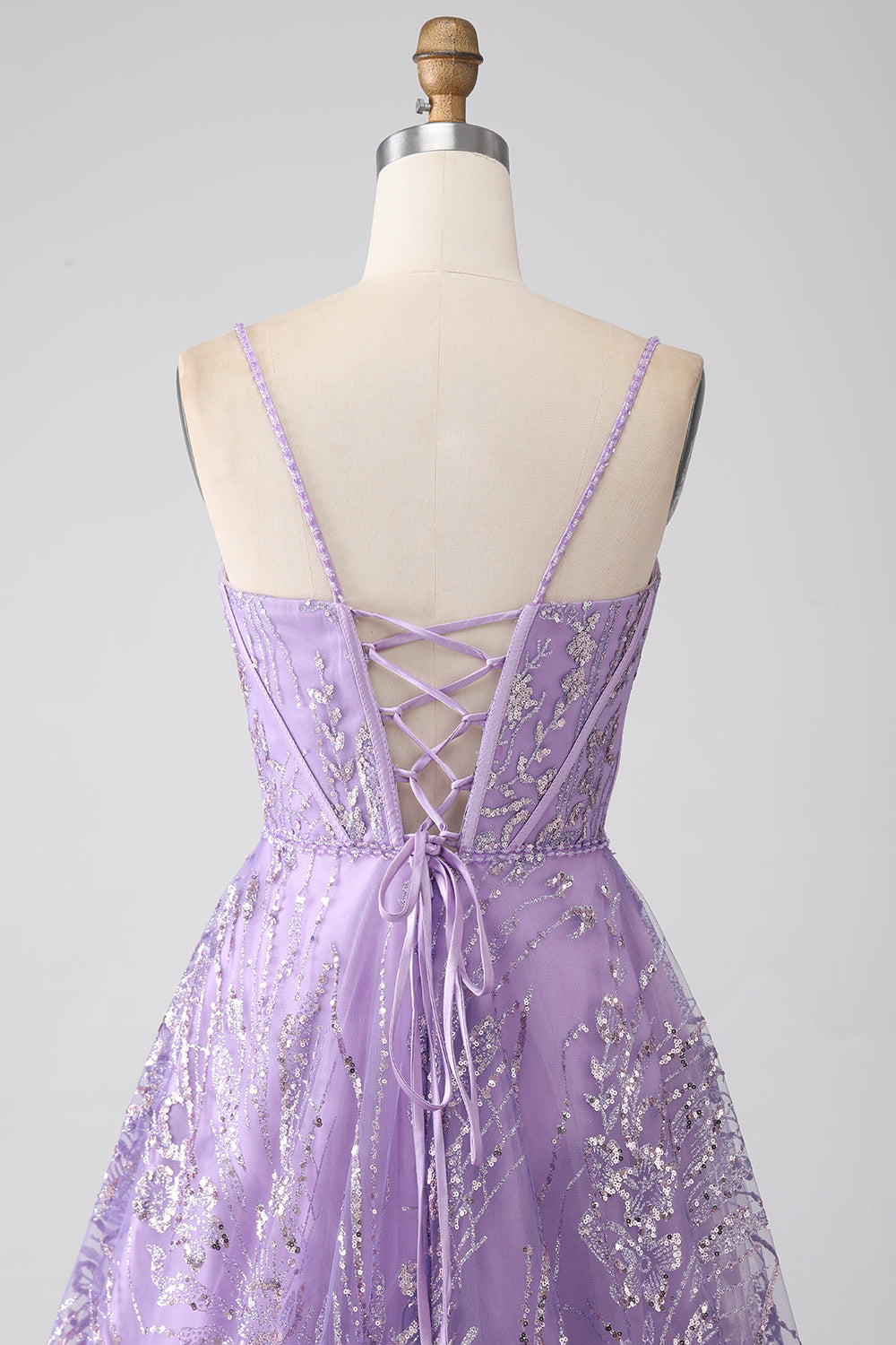 A-Line Spaghetti Straps Lilac Corset Prom Dress with Sequins Floor Length