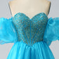 Blue Ball-Gown Sweetheart Beaded Corset Prom Dress with Detachable Sleeves Off Shoulder