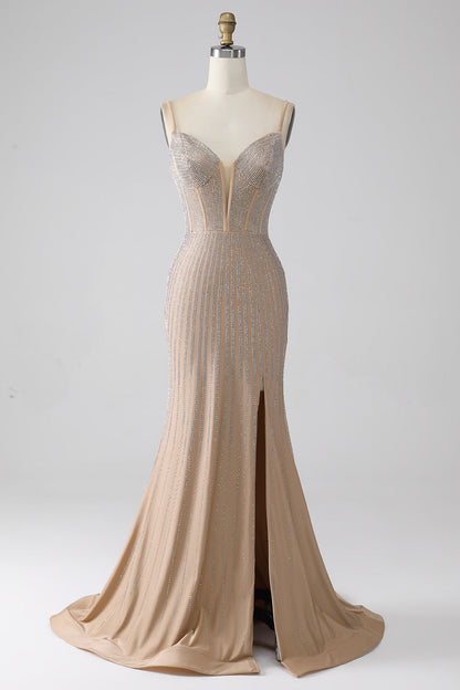 Sparkly Champagne Mermaid Spaghetti Straps Long Prom Dress with Slit Sexy Evening Dresses