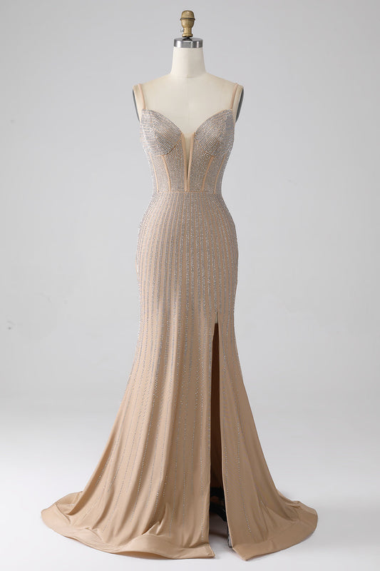 Sparkly Champagne Mermaid Spaghetti Straps Long Prom Dress with Slit Sexy Evening Dresses