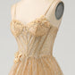 Glitter Golden A-Line Spaghetti Straps Corset Long Prom Dress with Flowers Sparkly