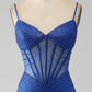 Royal Blue Mermaid Corset Sparkly Beaded Prom Dress with Slit Sexy Evening Dresses