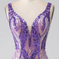 Purple Mermaid V Neck Long Sparkly Prom Dress With Sequins Sexy