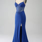 Royal Blue Mermaid Corset Sparkly Beaded Prom Dress with Slit Sexy Evening Dresses