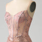 Sparkly Rose Golden Mermaid Beaded Ruched Sequin Corset Long Prom Dress with Slit Sexy