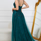 Dark Green A Line Spaghetti Straps Long Prom Dress with Appliques Floor Length With Slit