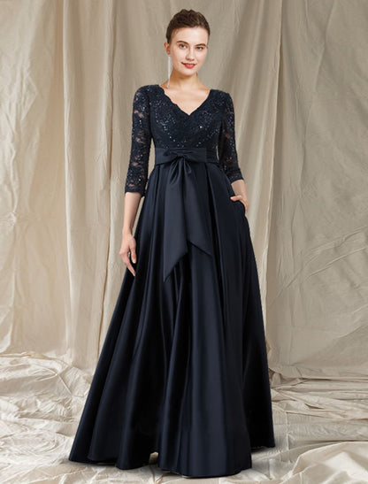 A-Line Cut Out Elegant Engagement Formal Evening Dress V Neck Long Sleeve Floor Length Lace with Bow(s)