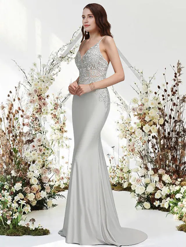 Mermaid / Trumpet Evening Gown Empire Dress Wedding Guest Sweep / Brush Train Sleeveless V Neck Chiffon