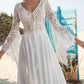 Beach Open Back Boho Wedding Dresses A-Line V Neck Long Sleeve Sweep / Brush Train Chiffon Bridal Gowns