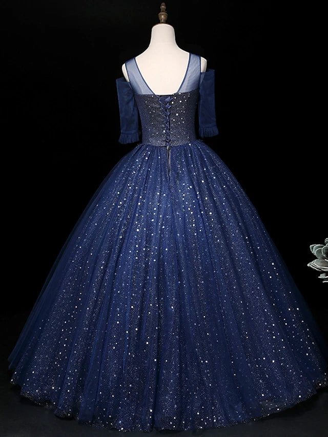 Ball Gown Sparkle Elegant Quinceanera Prom Dress Illusion Neck Half Sleeve Floor Length Tulle
