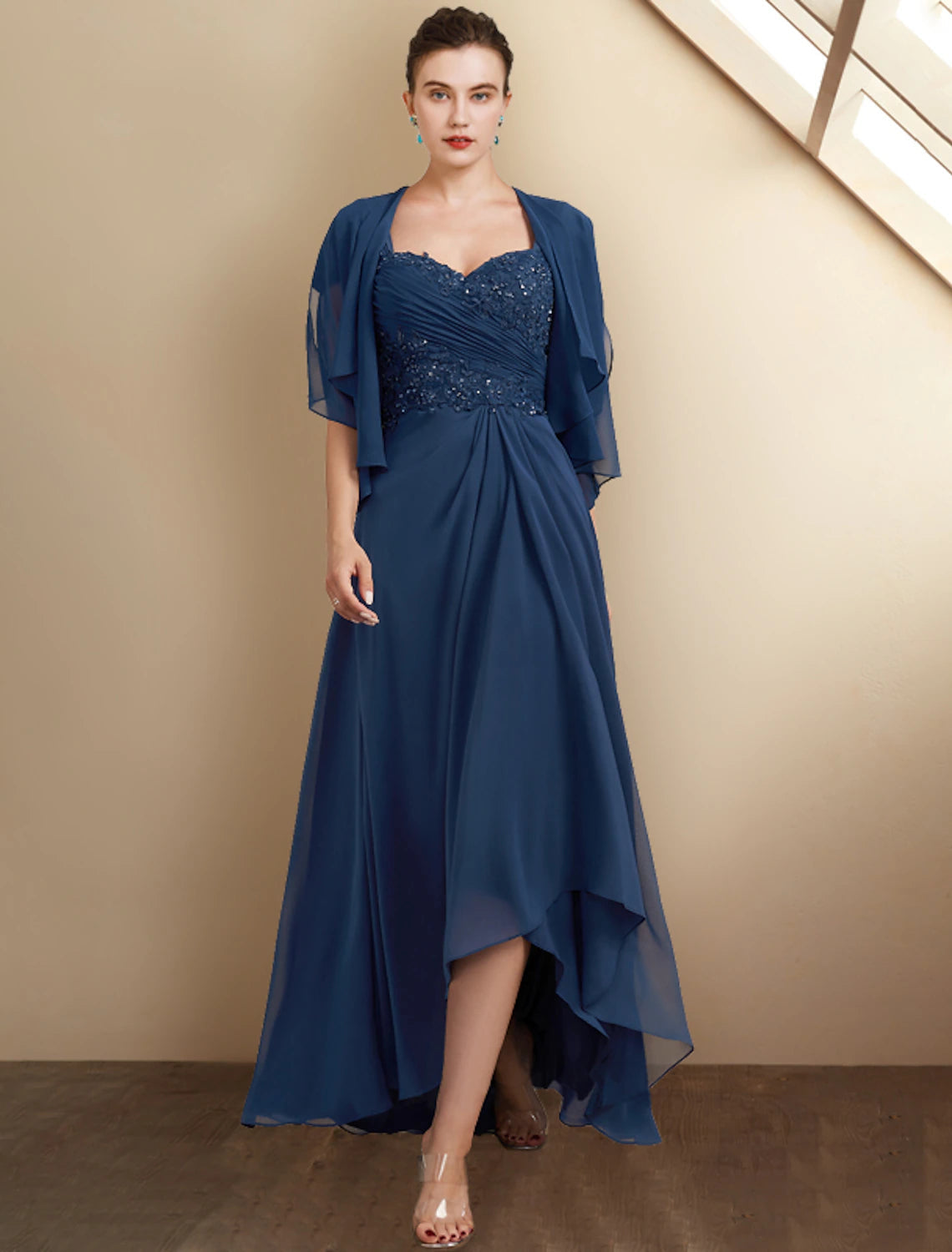 A-Line Mother of the Bride Dress Wedding Guest Elegant High Low Square Neck Asymmetrical Tea Length Chiffon Lace Cap Sleeve Fall Wrap Included