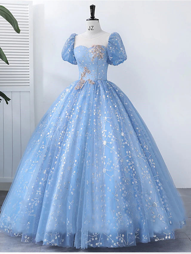 Ball Gown Quinceanera Dresses Princess Dress Performance Floor Length Short Sleeve Square Neck Polyester with Pearls