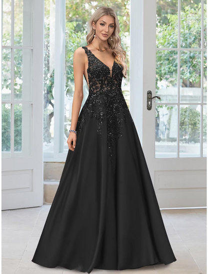 A-Line Evening Gown Black Dress Formal Floor Length Sleeveless V Neck Lace