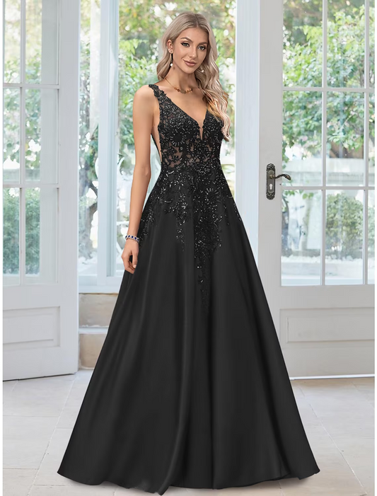 A-Line Evening Gown Black Dress Formal Floor Length Sleeveless V Neck Lace