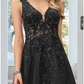 A-Line Evening Gown Black Dress Formal Floor Length Sleeveless V Neck Lace