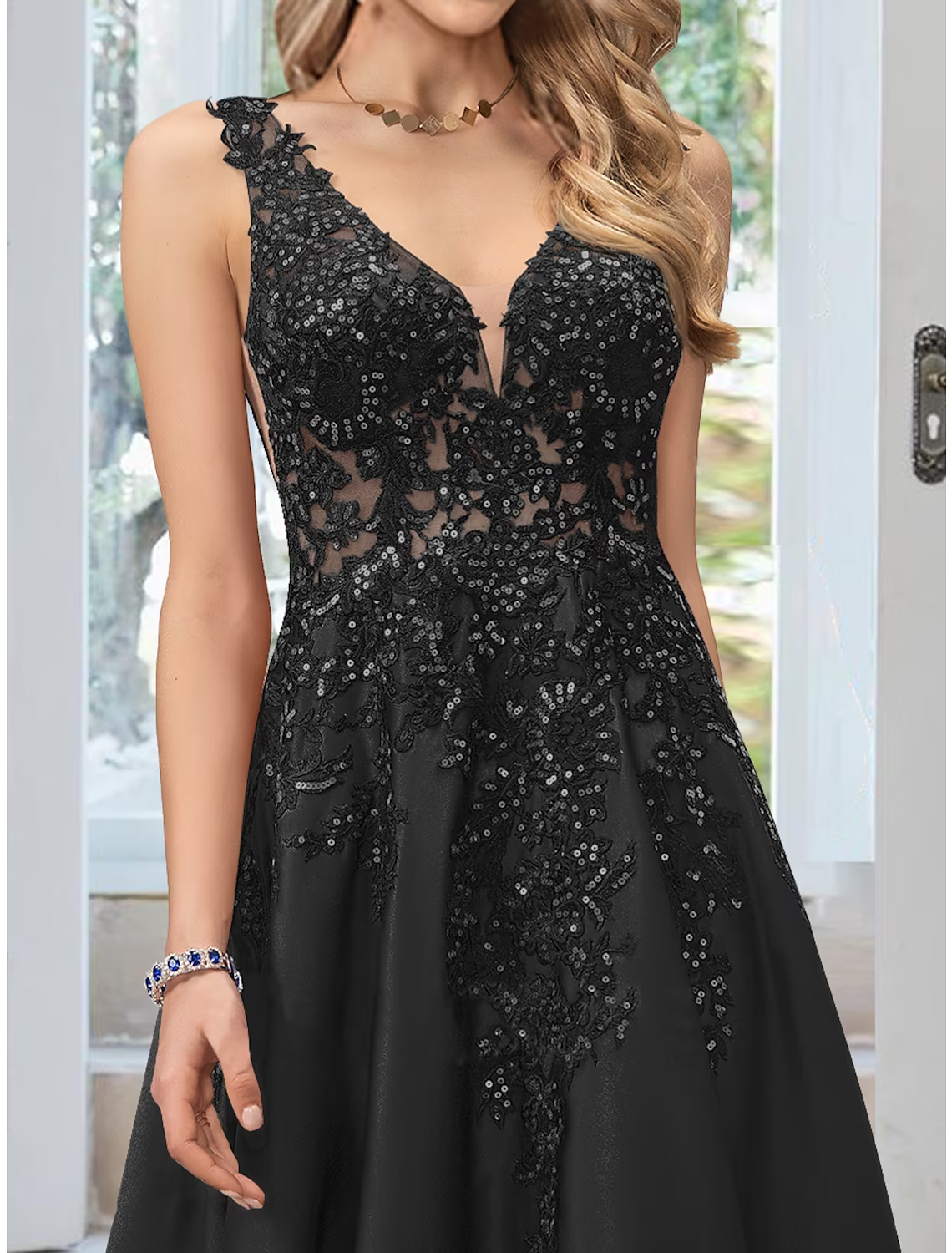 A-Line Evening Gown Black Dress Formal Floor Length Sleeveless V Neck Lace