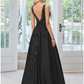 A-Line Evening Gown Black Dress Formal Floor Length Sleeveless V Neck Lace