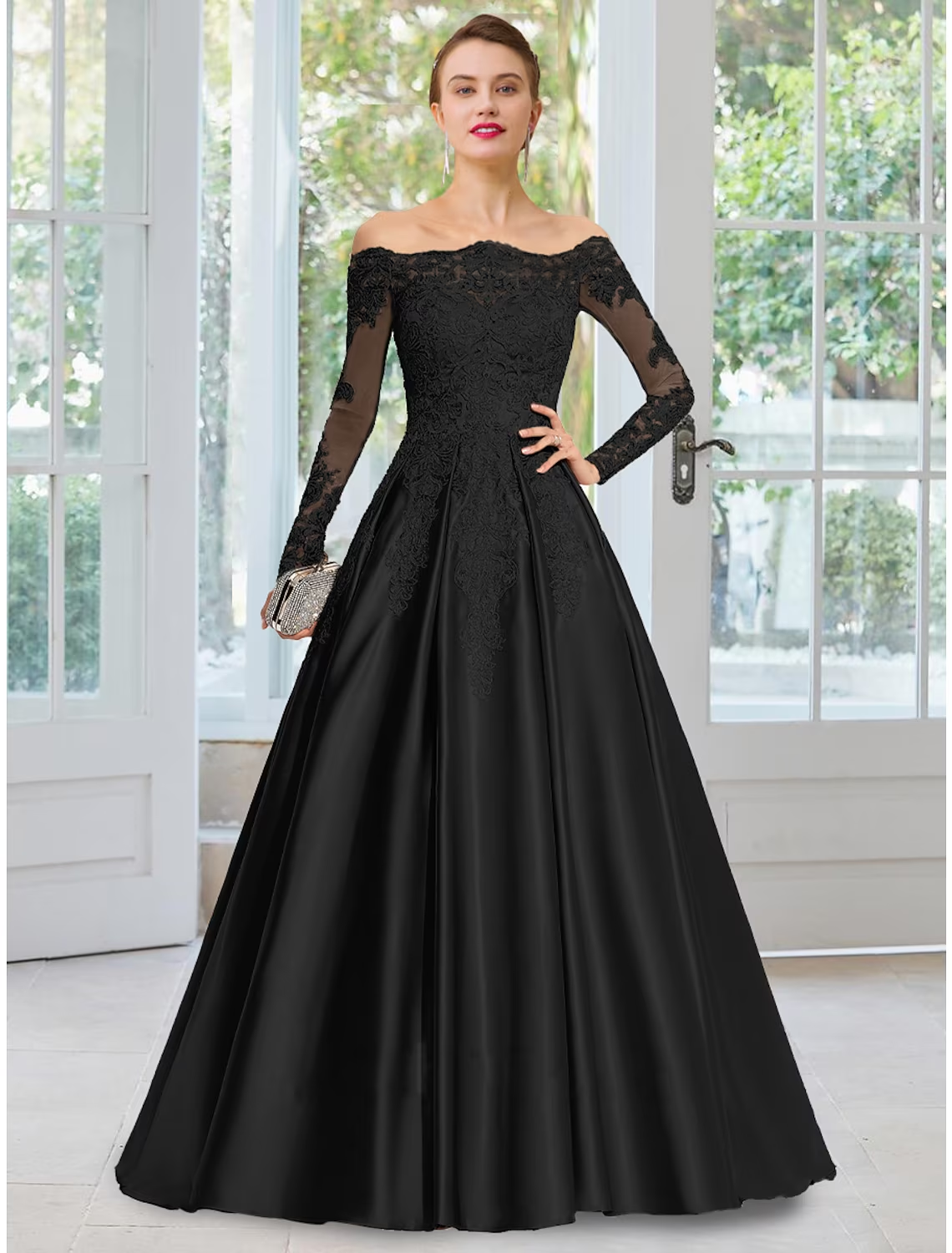 A-Line Evening Gown Black Dress Formal Court Train Long Sleeve Off Shoulder Lace