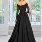 A-Line Evening Gown Black Dress Formal Court Train Long Sleeve Off Shoulder Lace