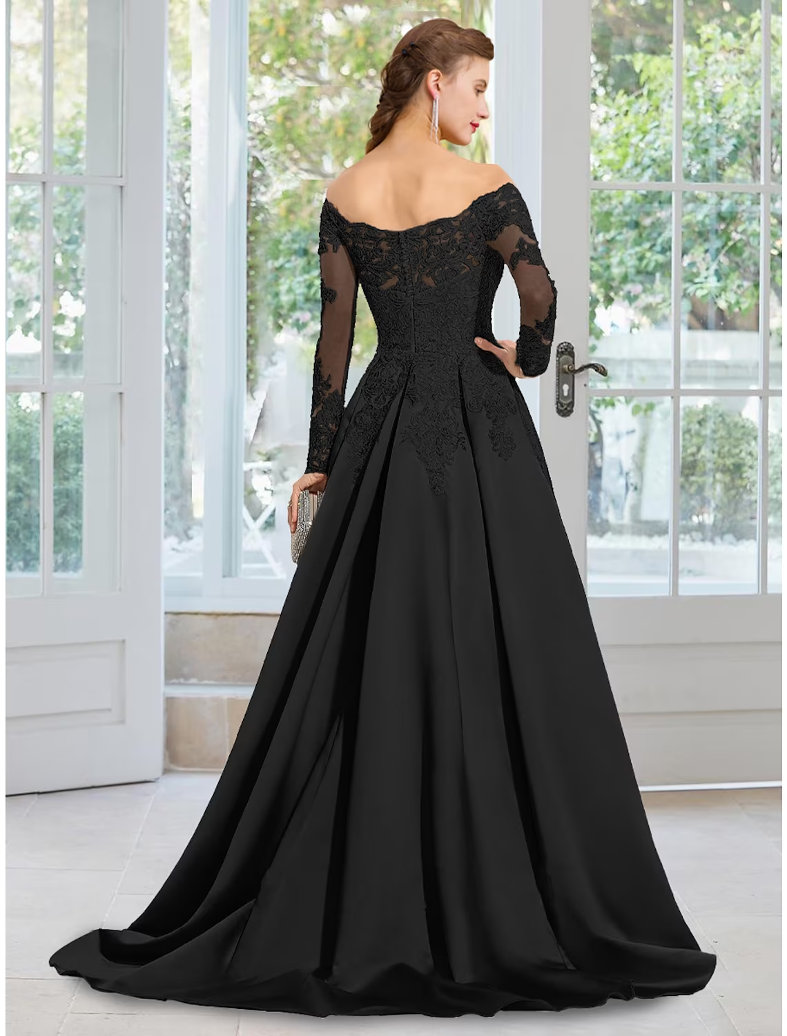 A-Line Evening Gown Black Dress Formal Court Train Long Sleeve Off Shoulder Lace