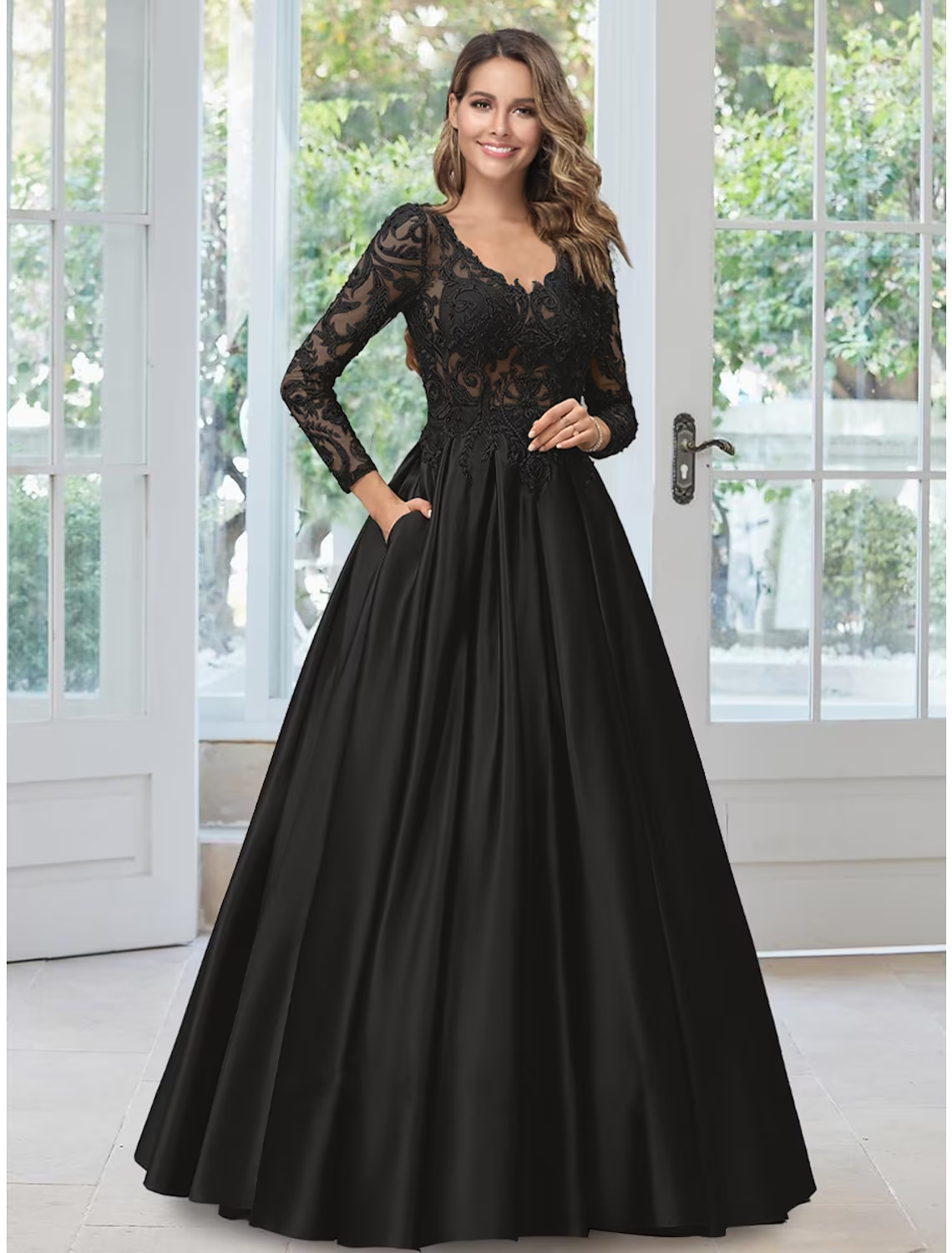 A-Line Evening Gown Black Dress Formal Floor Length Long Sleeve V Neck Lace