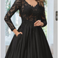 A-Line Evening Gown Black Dress Formal Floor Length Long Sleeve V Neck Lace