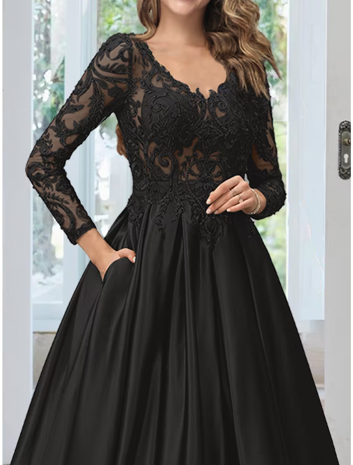 A-Line Evening Gown Black Dress Formal Floor Length Long Sleeve V Neck Lace