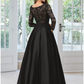 A-Line Evening Gown Black Dress Formal Floor Length Long Sleeve V Neck Lace