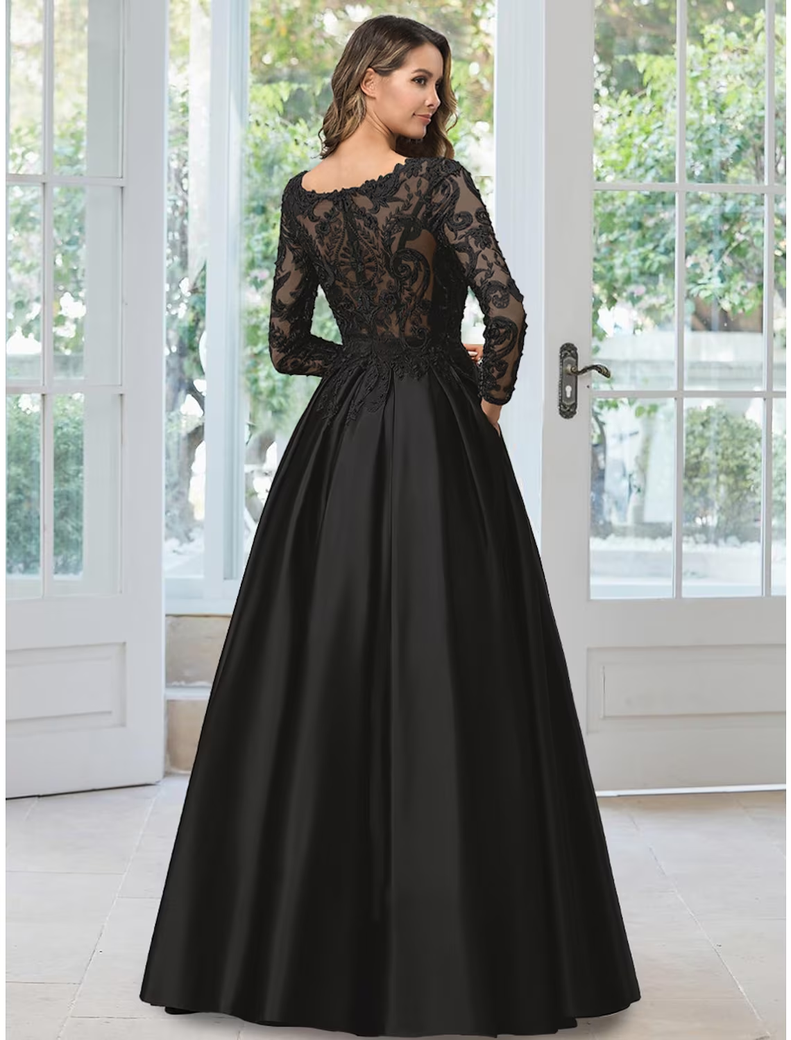 A-Line Evening Gown Black Dress Formal Floor Length Long Sleeve V Neck Lace