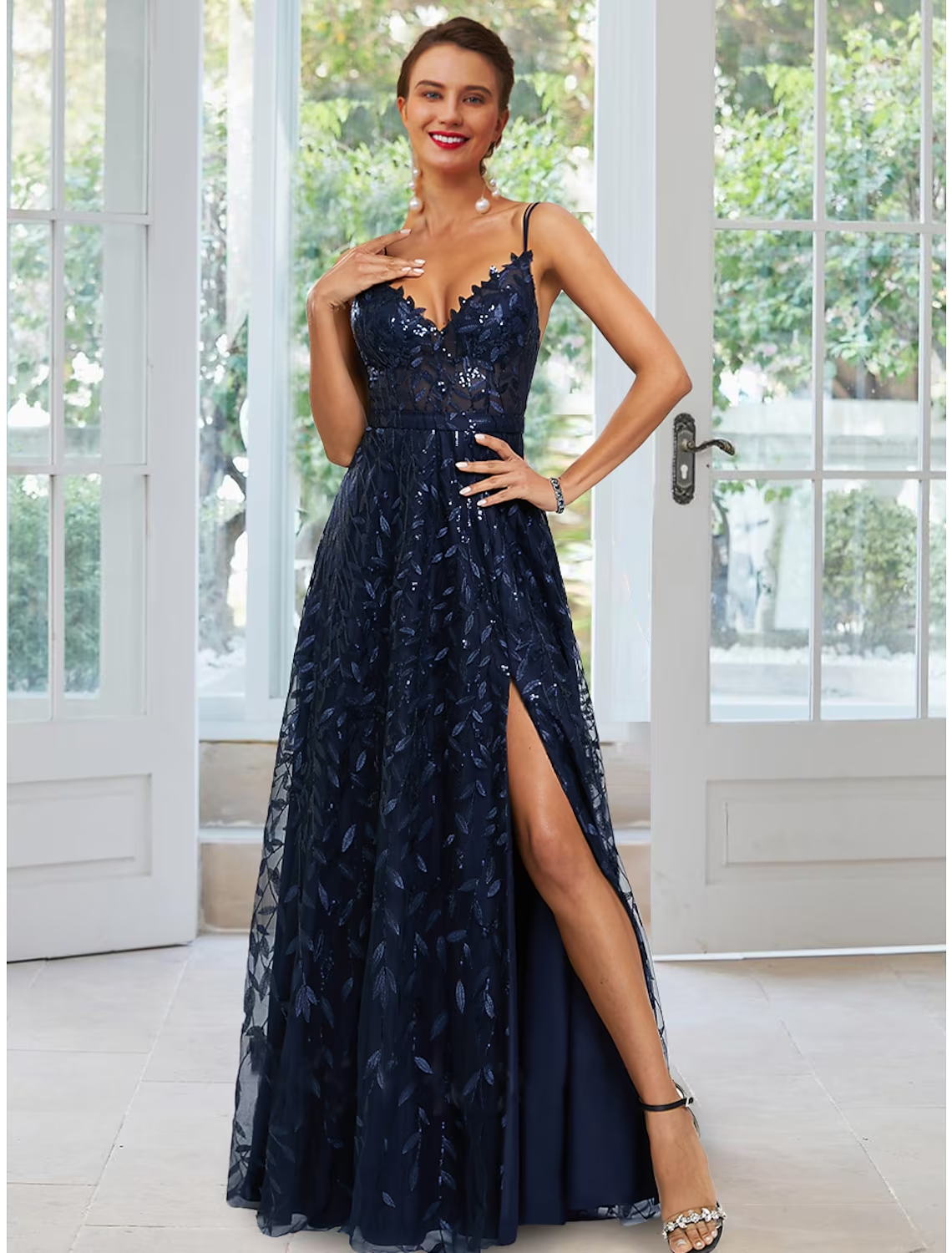 A-Line Evening Gown Floral Dress Formal Floor Length Sleeveless Spaghetti Strap Satin with Slit