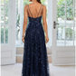 A-Line Evening Gown Floral Dress Formal Floor Length Sleeveless Spaghetti Strap Satin with Slit