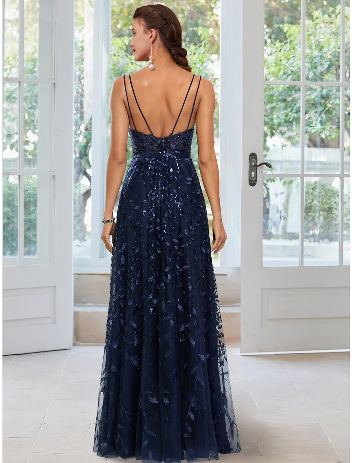 A-Line Evening Gown Floral Dress Formal Floor Length Sleeveless Spaghetti Strap Satin with Slit