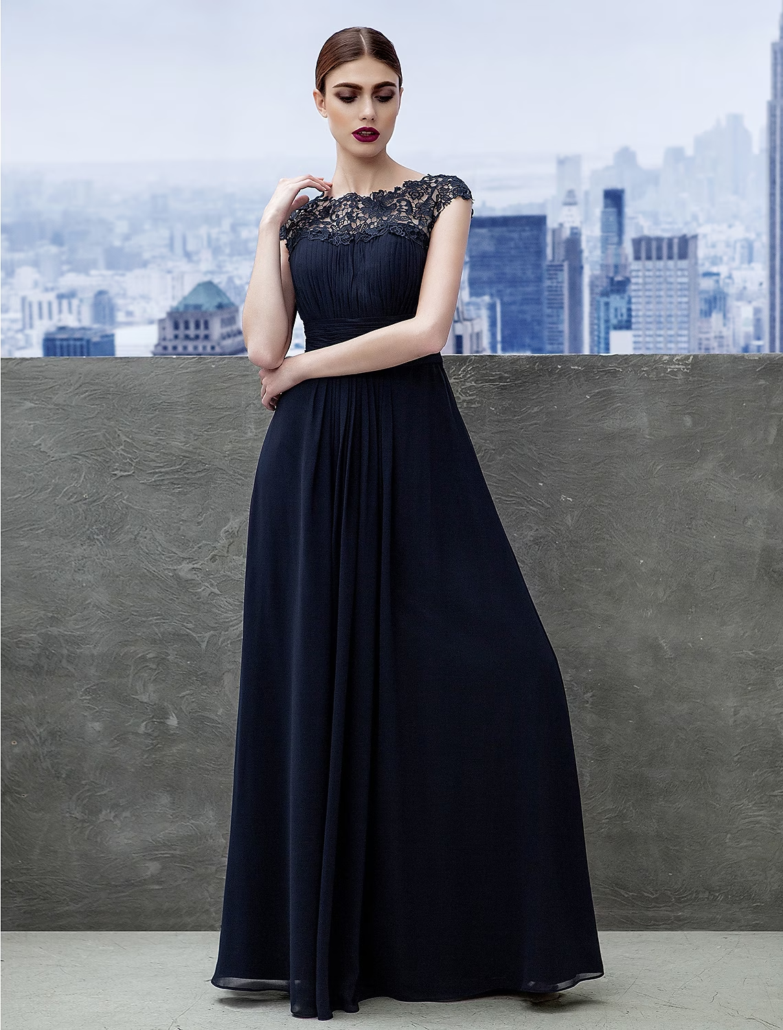 A-Line Evening Gown Empire Dress Wedding Guest Floor Length Short Sleeve Boat Neck Chiffon with Ruched Lace