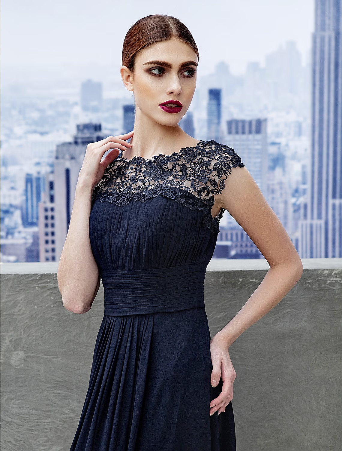 A-Line Evening Gown Empire Dress Wedding Guest Floor Length Short Sleeve Boat Neck Chiffon with Ruched Lace