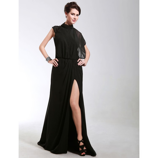 Sheath / Column All Celebrity Styles Dress Formal Evening Sweep / Brush Train Short Sleeve High Neck Chiffon