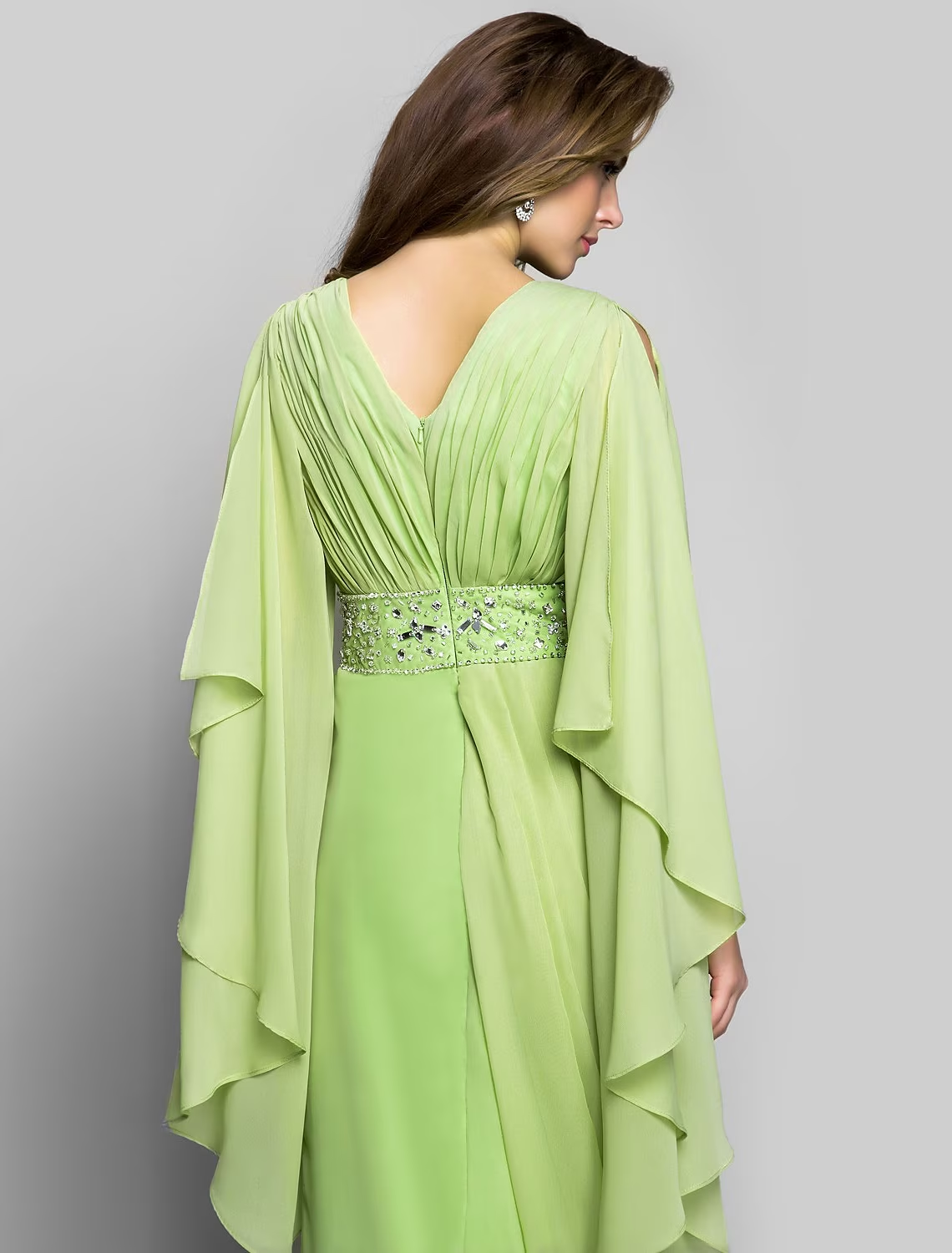 Sheath / Column Elegant Dress Wedding Guest Floor Length Long Sleeve V Neck Chiffon V Back with Crystals Side