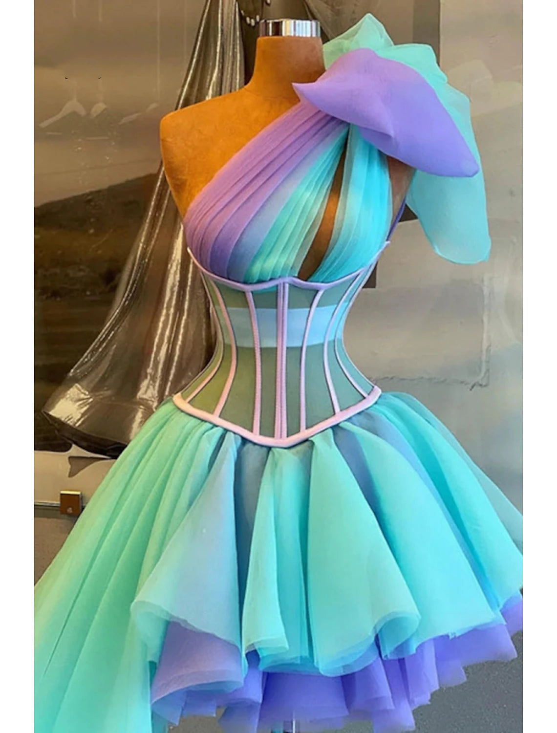 A-Line Quinceanera Dresses Corsets Dress Wedding Party Short / Mini Sleeveless One Shoulder Tulle with Bow(s)