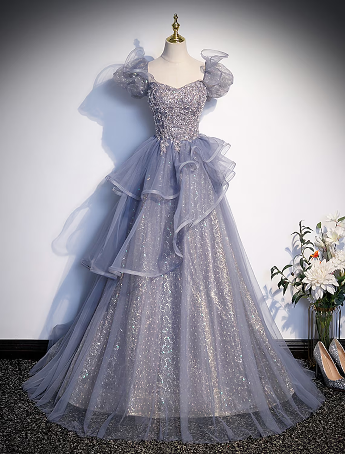 Ball Gown Quinceanera Dresses Princess Dress Performance Floor Length Short Sleeve Square Neck Tulle