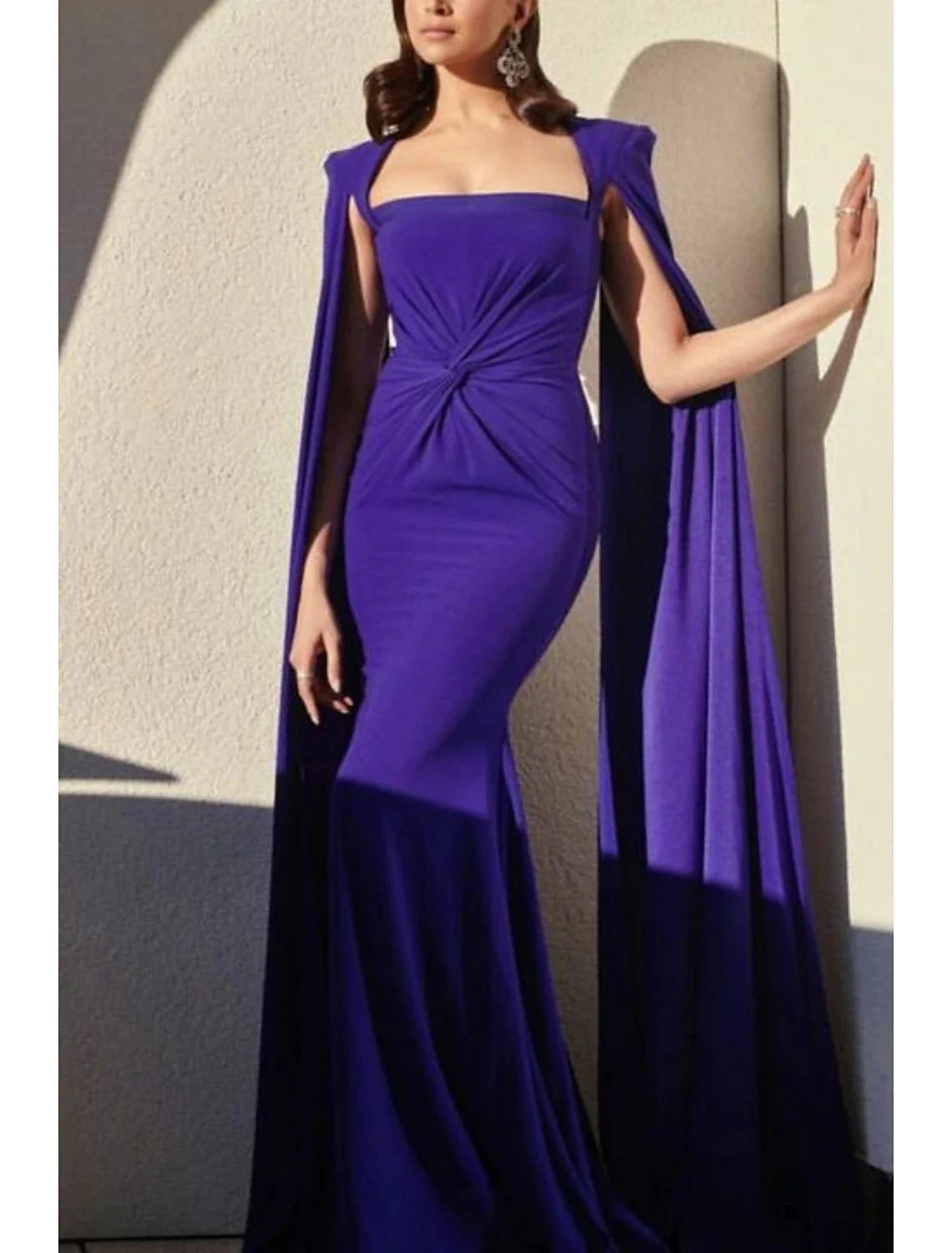 A-Line Evening Gown Elegant Cape Dress Sweep / Brush Train Sleeveless Square Neck Formal Wedding Guest Dress
