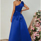 A-Line Evening Gown Black Dress Plus Size Party Dress Formal Fall Floor Length Sleeveless One Shoulder Satin