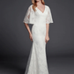 Long Wedding Dresses V Neck Lace Half Sleeve Beautiful Back with Lace