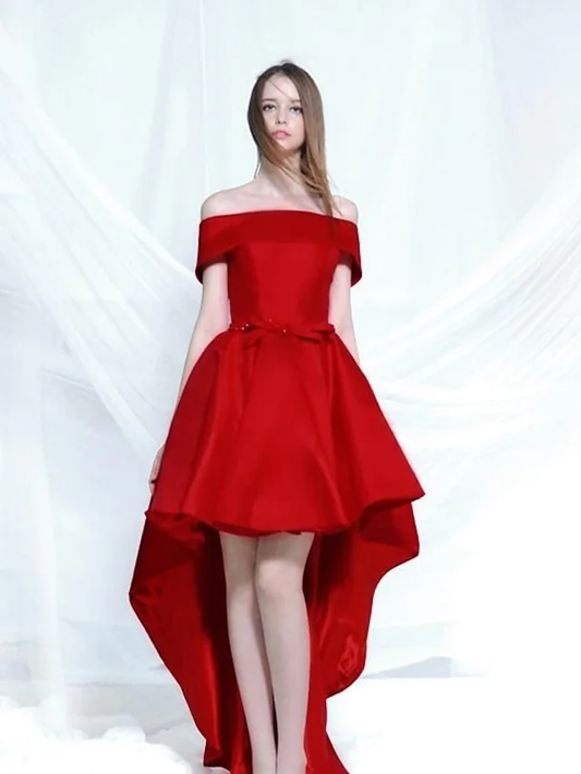 A-Line Elegant Engagement Cocktail Party Dress Off Shoulder Sleeveless Asymmetrical Satin