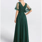 A-Line Mother of the Bride Dress Formal Wedding Guest Elegant Cape Dress V Neck Tea Length Chiffon Short Sleeve