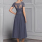 A-Line Mother of the Bride Dress Elegant Plus Size V Neck Tea Length Chiffon Lace Short Sleeve