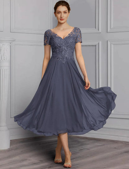 A-Line Mother of the Bride Dress Elegant Plus Size V Neck Tea Length Chiffon Lace Short Sleeve