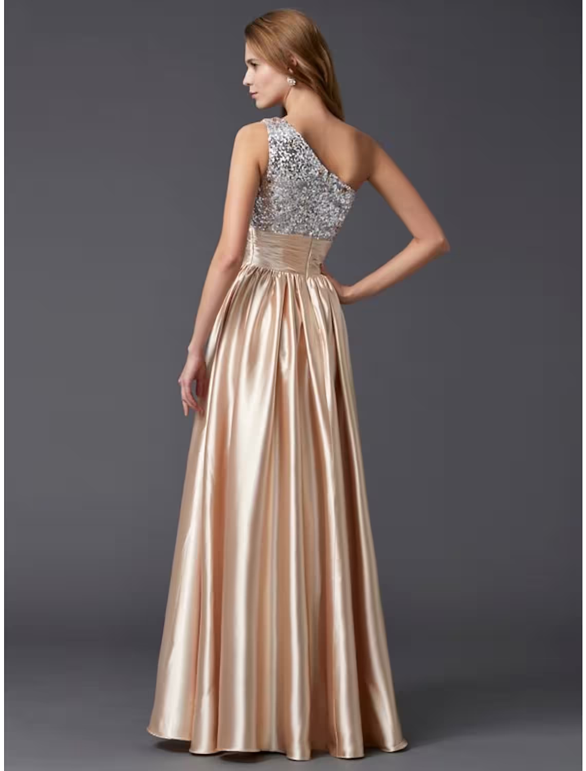 A-Line Prom Dresses Sparkle & Shine Dress Party Wear Floor Length Sleeveless One Shoulder Charmeuse with Pleats