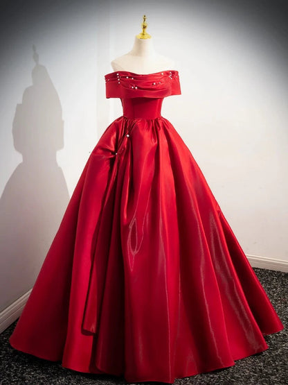 A-Line Off Shoulder Satin Long Prom Dress Red