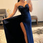 A Line Sweethaert Navy Blue Long Prom Dress with Split Front Sexy Evening Dresses