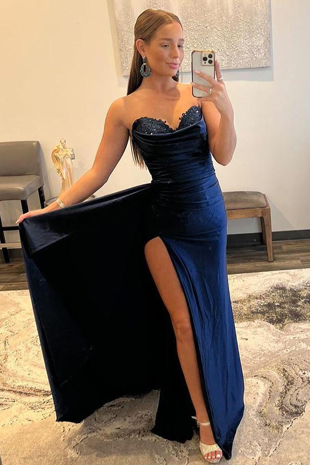 A Line Sweethaert Navy Blue Long Prom Dress with Split Front Sexy Evening Dresses