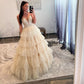 Ball Gown Spaghetti Straps Tulle Tiered Prom Dress With Applique V-neck Beautiful